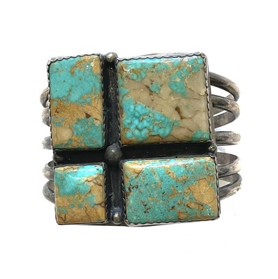 Old Pawn Jewelry - * 50% OFF * Bracelet: Unique Navajo Four Stone Turquoise - Sterling Silver - 6 x 2 inches