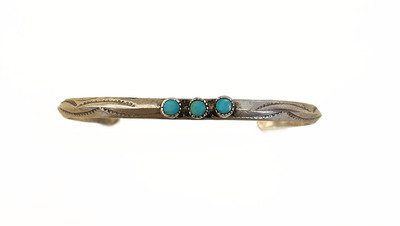  Title: Bracelet: Vintage Delicate Navajo Sterling 3 Turquoise Stone Cuff , Size: 6 inches , Medium: Sterling Silver