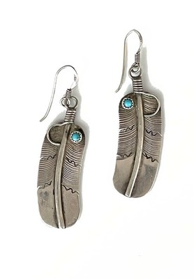  Title: Earrings: Navajo Feather w/ Turquoise , Size: 2 L x 1/2 W inches , Medium: Sterling Silver