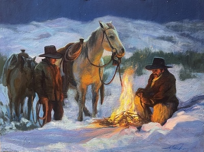 William Oliver Martin - Glow of a Winter Fire - Oil on Panel - 12 x 16 inches